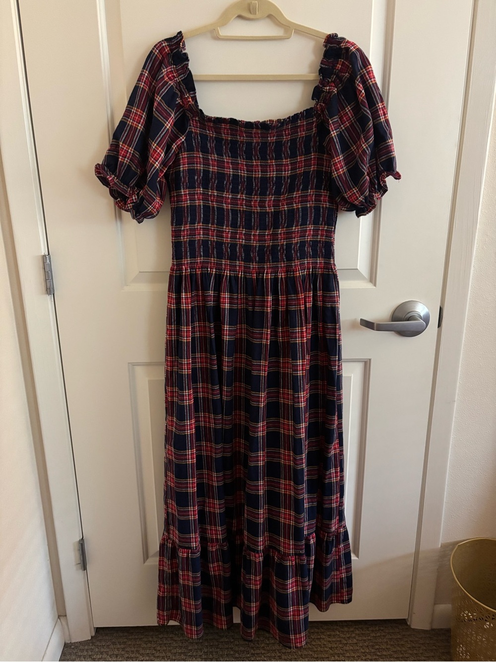 The Smocked Flamingo NWT Plaid Smocked Maxi Dress in Navy and Red